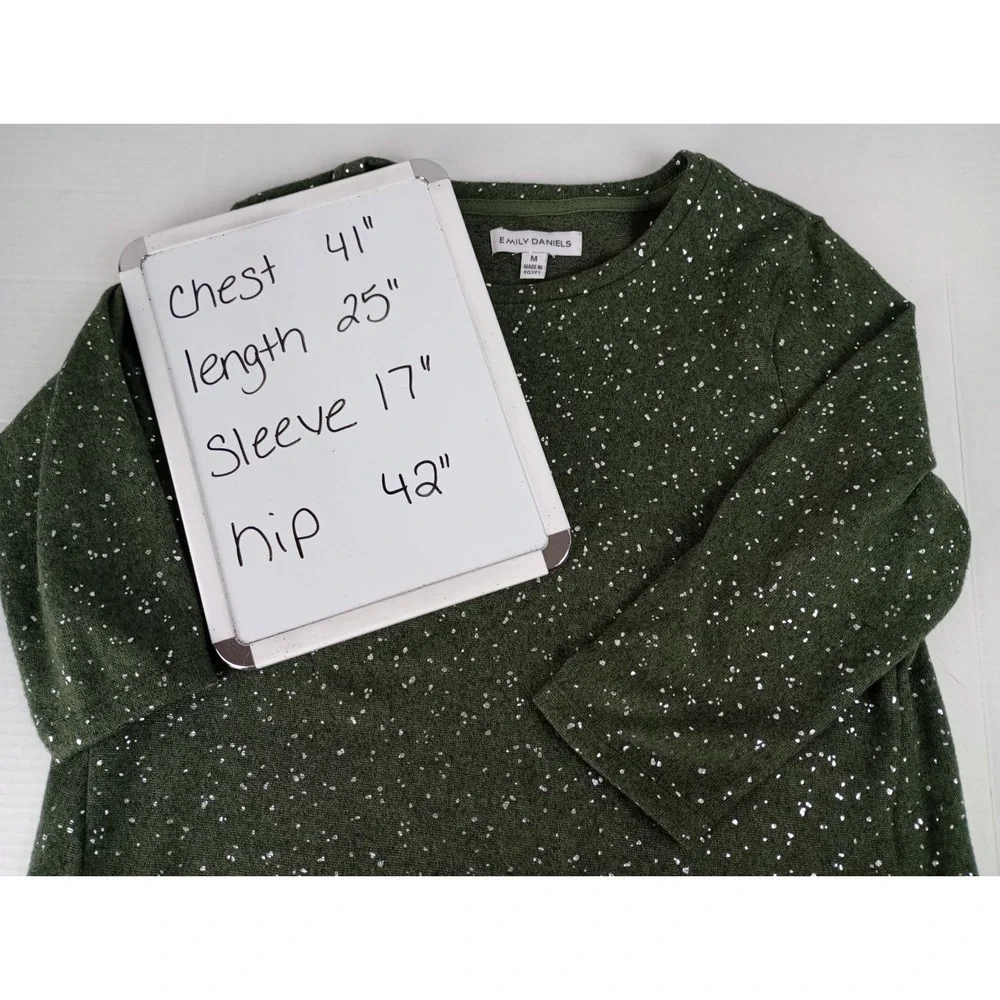 Emily Daniels Women's Size M Green Silver Pullover 3/4 Sleeve Sweater